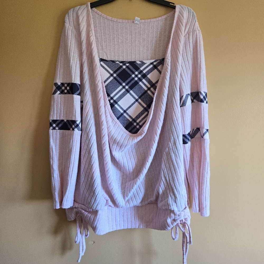 Pink & Black Plaid Accent Cowl Neck Ribbed Sweater, PTP=21.5"